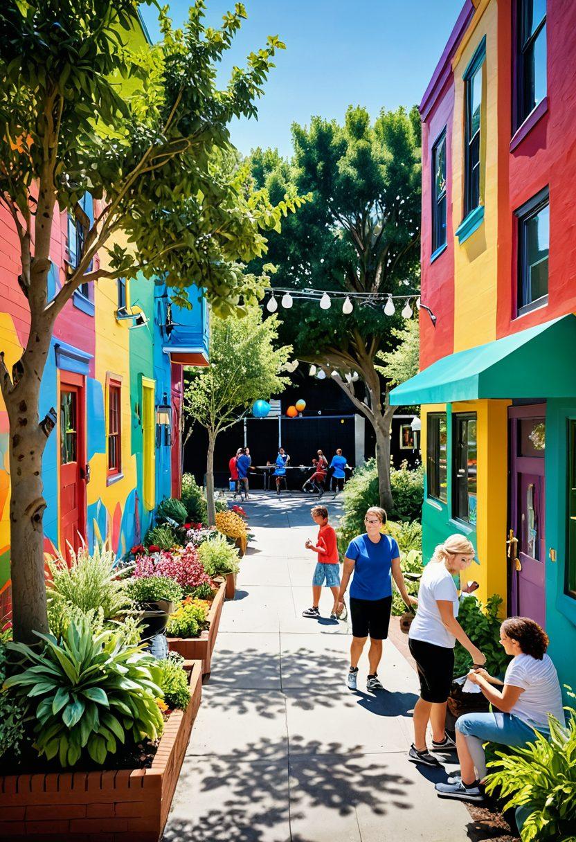 A vibrant community scene depicting people engaging in joyful activities like art, music, and gardening. Include colorful murals and smiling faces to symbolize creativity and happiness. The setting should have lush greenery and playful decorations, creating an inviting atmosphere. Incorporate diverse individuals of all ages collaborating and celebrating together. Use bright, cheerful colors to enhance the sense of joy and community spirit. super-realistic. vibrant colors. 3D.