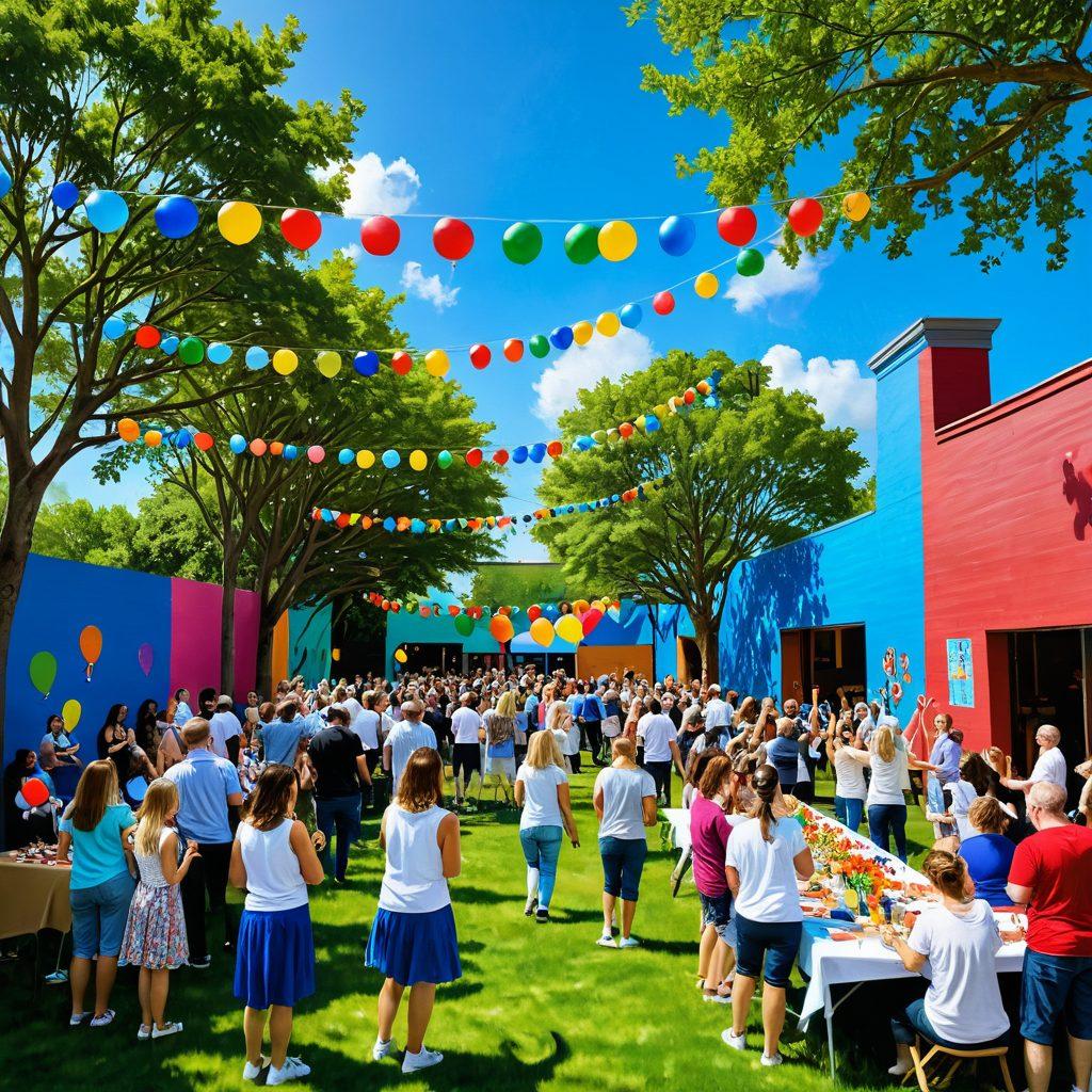 A vibrant community gathering scene where diverse people are engaging in various creative activities like painting, dancing, and crafting around a large colorful mural that represents joy and togetherness. Include elements of nature, like trees and flowers, surrounding the space while colorful banners and balloons add to the festive atmosphere. The sky is bright blue and sunny, enhancing the feeling of happiness. super-realistic. vibrant colors. white background.