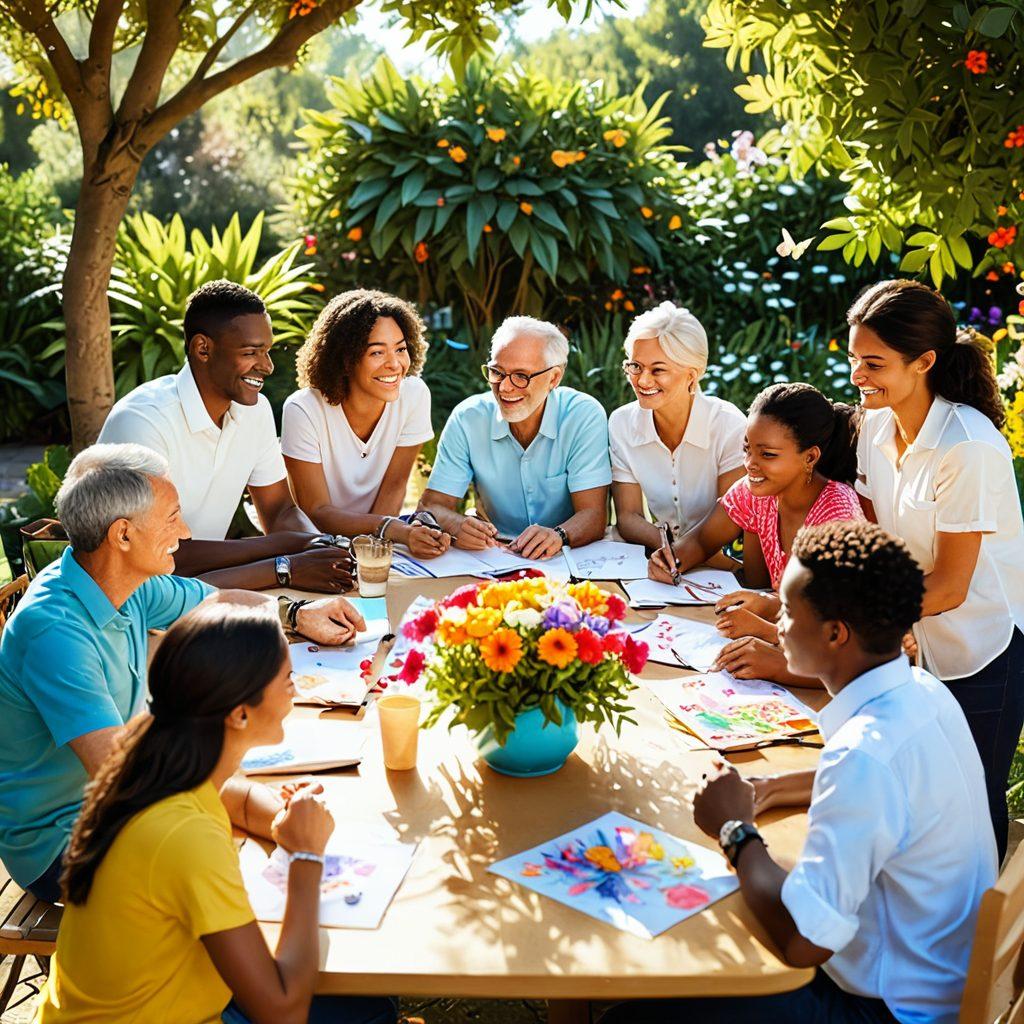 A serene scene depicting a diverse group of people joyfully collaborating around a sunlit table adorned with flowers and vibrant, colorful papers. They are sketching ideas for a community project, with bright rays of sunlight enhancing their engaged expressions. The background features a picturesque garden setting with blooming flowers and butterflies, symbolizing blissful moments. A sense of harmony and creativity radiates from the image. super-realistic. vibrant colors. soft focus.